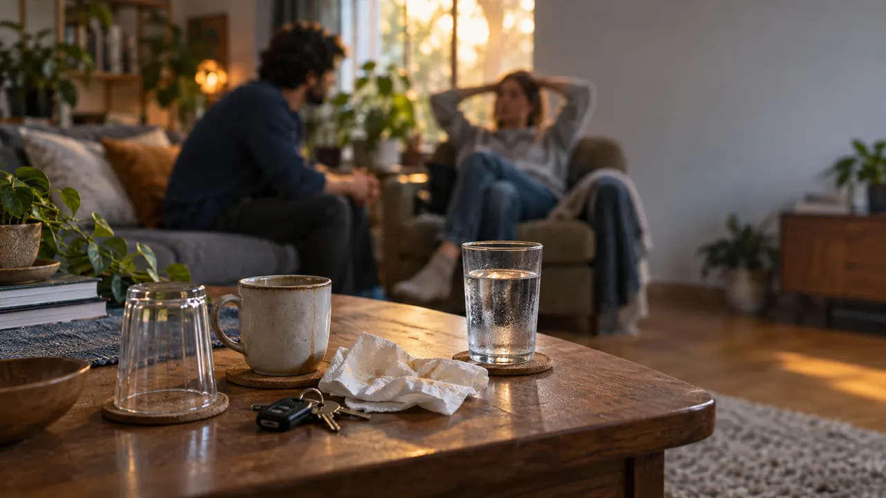 Mesa de centro com copo vazio de borco, xícara de café e chaves em primeiro plano e, ao fundo desfocado, duas pessoas conversando na sala ao fim da tarde, uma com as mãos na cabeça